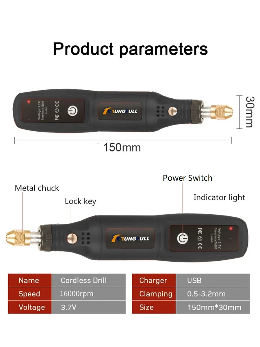 Mini Electric Drill USB Wireless Mini Handheld Drill Rotary Tool Woodworking Engraving Pen Dremel Tools for Jewelry Metal Glass