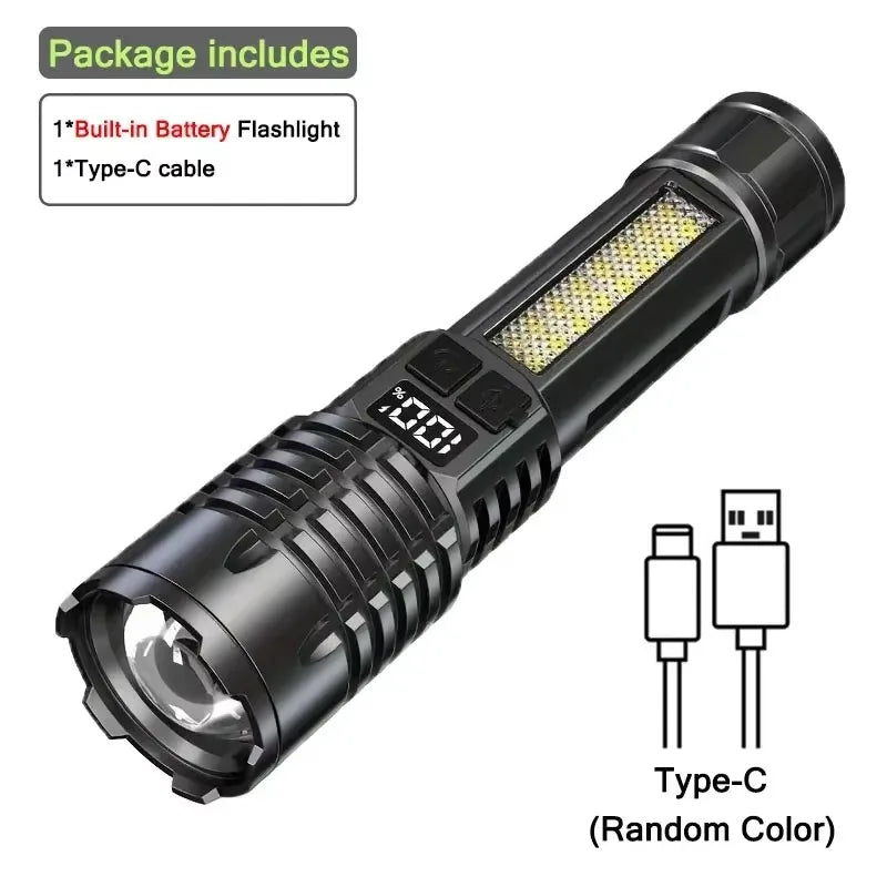High Power LED Flashlight Powerful TYPE-C Rechargeable COB Flashlight With Side Light Torch For Outdoor Camping Hiking